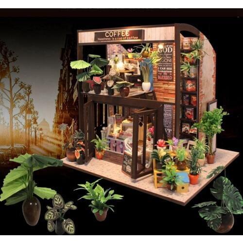 Christmas Gifts Miniature Diy Puzzle Toy Doll House Model Wooden Furniture Building Blocks Toys Birthday Gifts COFEE HOUSE TIMES