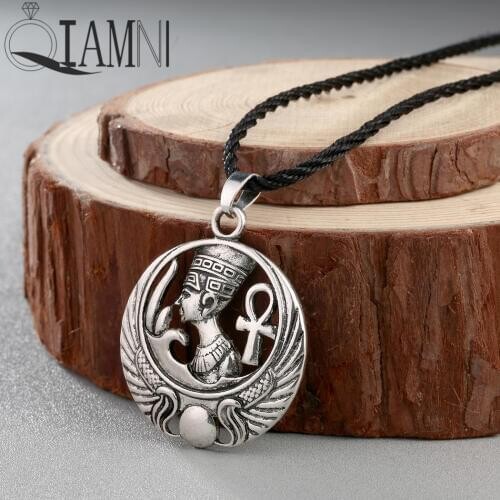 QIAMNI Egyptian Queen Egypt Cross Pendant Necklace Men Male Slavic Nefertiti Pharaoh Ankh Scarab Necklace Jewelry Gift Colier