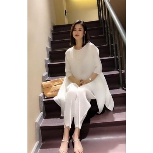 MIYAKE Pleated New Summer Slimming Large Size Girls Plus Size High-End A- Line Dress +trousers Two Piece Set Dresy Damskie