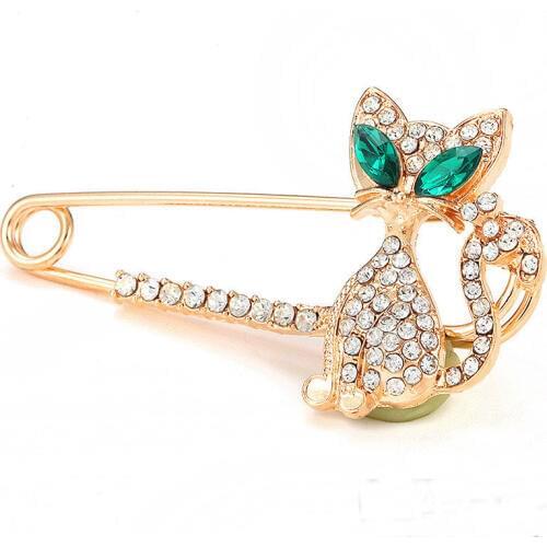 Fashion Women Gold Silver Color Rhinestones Crystal Green-eyes Cat Brooch lapel Pin Gift broches para as mulheres