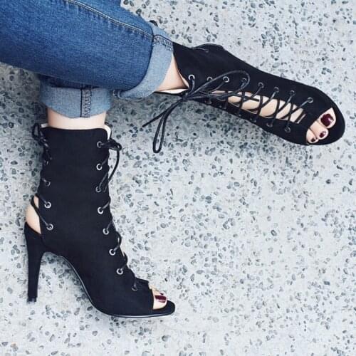 Ochanmeb Sexy Thin High Heels Faux Suede Leather Peep Open Toe Spring Summer Boots Women Front Back Cross Tied Lace up Bootie 47