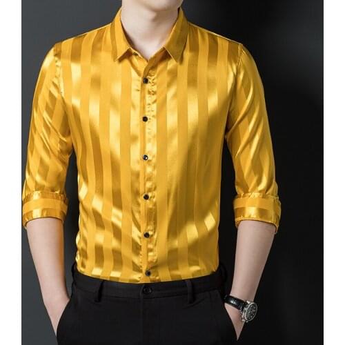 Large Size Gold Striped Satin Work Shirts Mens Red Smooth Silk Shirts For Mens Dark Blue Gentleman Oversized Clothing For Men