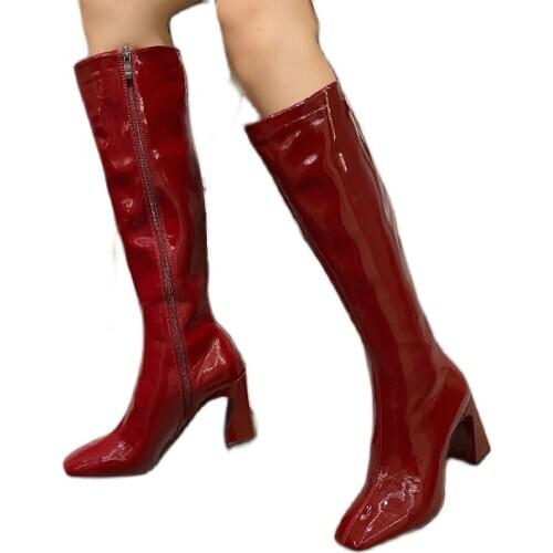 Winter for woman new fashion sexy consice new boots Matin boots zipper red white Block heels Chunky heels Knee high boots