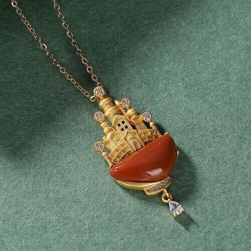 Silver Natural South Red Jasper Castle Pendant Necklace with unique ancient gold craft light luxury noble womens brand jewelry