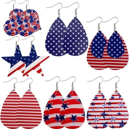 Pu Leather Earrings Stripe Print American Independence Day USA Flag Leaf Water Drop Earrings Fashion Jewelry Accessories