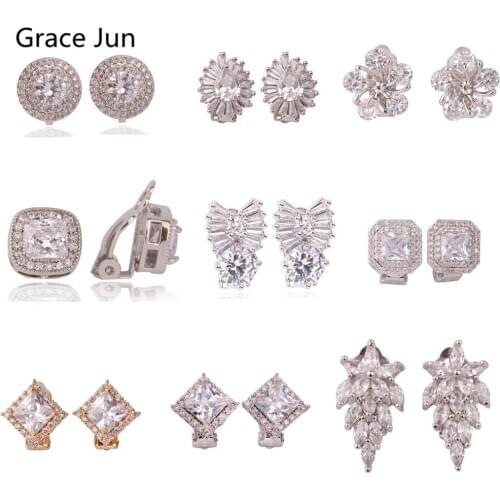 GRACE JUN Circle Square Flower Clip on Earrings No Pierced Luxury Fashion Bride Wedding Cubic Zircon No Hole Earrings 16 Colors