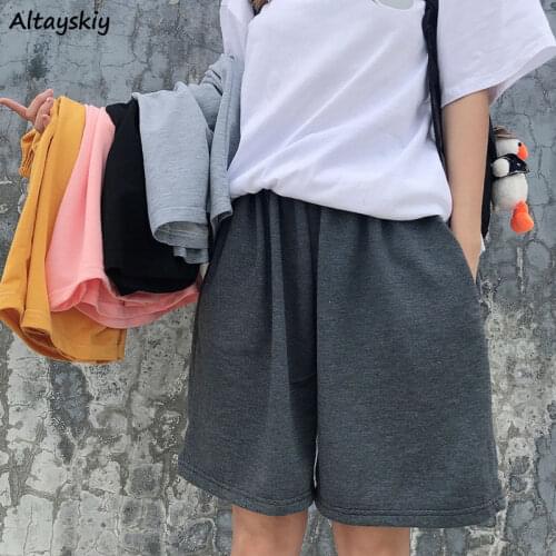 Shorts Women Korean Style All-match Straight Elastic High Waist Trousers Knee-length Loose Casual Fashion Couples Unisex Chic