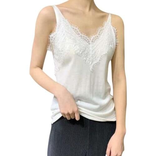 Ladies Lace solid color camisole top Women Vest Fashion V-Neck Eyelash Lace Tops Sleeveless Camis Tops camisetas tirantes mujer