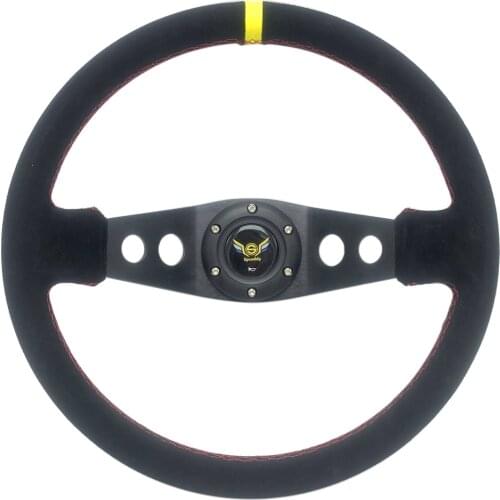 Spceddt Universal Car Sport 14 Inch 350mm Deep Steering Wheel Suede Leather Racing Steering Wheel Black With Red Sewing Line