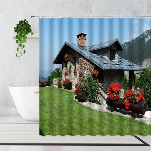Idyllic Wooden House Plant Flowers Shower Curtains Meadow Potted Garden Scenery Home Decoration Background Bathroom Bath Curtain