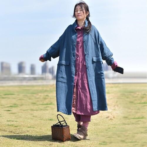 Women Spring Autumn Loose Long Coat Trench Coat Outerwear Ladies Vintage Ramie Coat Female Retro Plus Size Coat