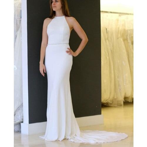 Long Mermaid High Neck Wedding Dresses Ivory Button Back Beaded Stretchy Satin Robes De Mariée Bridal Gown For Women