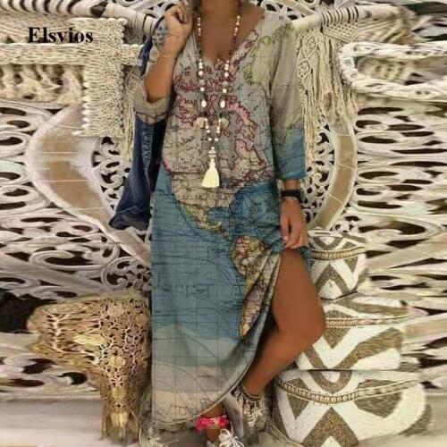Casual Women V-Neck Loose Long Dress Spring Vintage Earth Maps Print Party Dress Fashion Elegant Long Sleeve Maxi Dress Vestidos