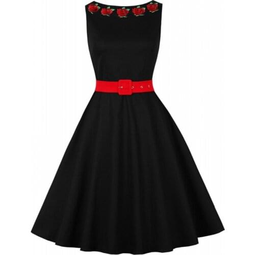Cotton Rose Embroidery Black Women Short Dress 50s 60s Retro Vintage Pin Up Sundress A Line Tunic Midi Swing Solid Party Dresses