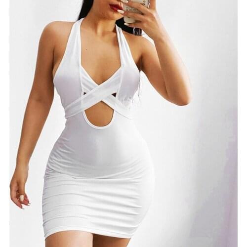 Dresses for Women Short Sexy Casual Polyester Sheath Hollow Out Halter Bandage Sleeveless V Neck Street Party Dress