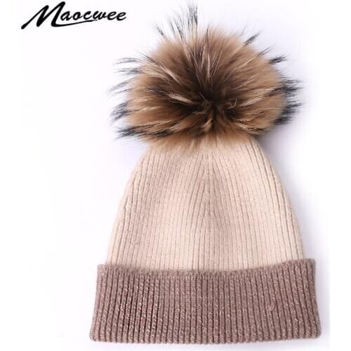 Winter Real Raccoon Fur Pompon Hat For Adult Men And Women Solid Color Matching Beanie Warm Outdoor Knit Thick Hat Hedging Caps