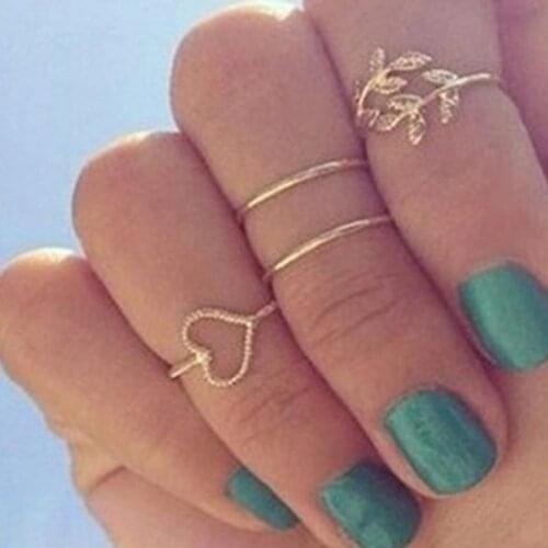 4Pcs/Set Rhinestone Leaf Heart Above Knuckle Midi Stack Ring Boho Party Jewelry