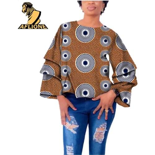African Wax Printed Tops for Women Ankara O-Neck Long SLeeve Cotton Shirt Bazin Riche v2122007