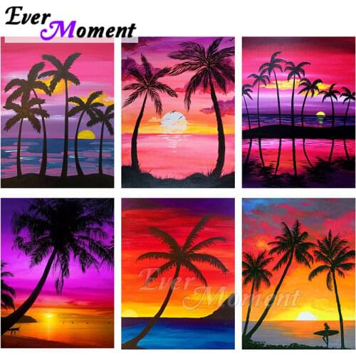 Ever Moment Diamond Painting Sunset Coconut Tree Full Square Resin Drill Diamond Embroidery Handmade Bedroom Decoration ASF2112