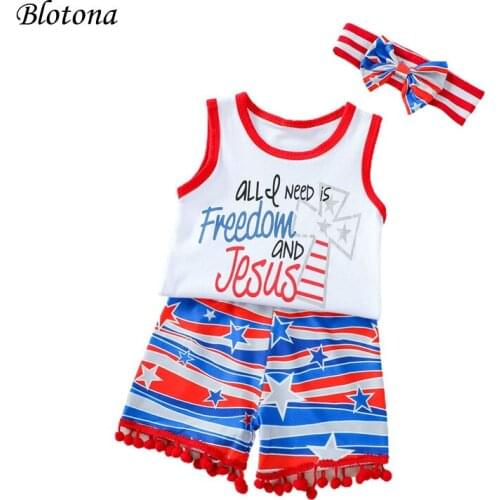 Blotona 3Pcs Girls Independence Day Clothes Fashion Letter Sleeveless Tops+Stripe Plush Ball Short Pants with Headband, 0-4Years