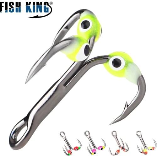 FISH KING 5pcs/pack High Carbon Steel Winter Ice Trebles Fishing Hooks Barbed With Diamond Eye Fishing Tackle For Ice Fishing