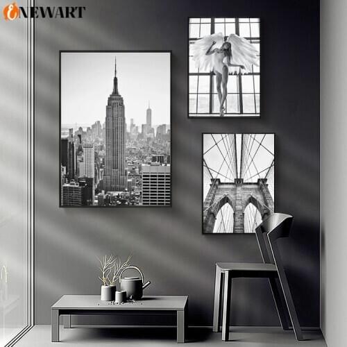 Modernism City Canvas Wall Art Print Manhattan New York Wall Poster for Living Room Decoration Picture Black White Painting Art