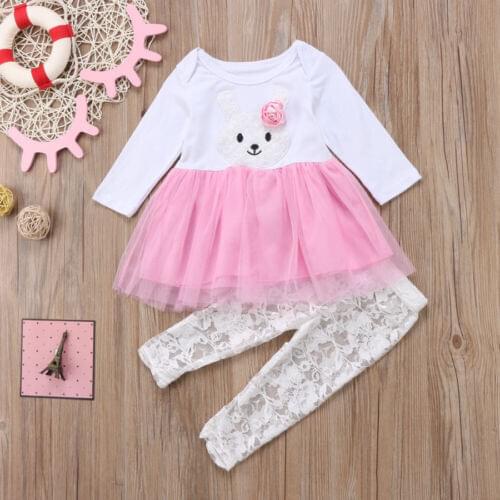 Newborn Kids Baby Girl Flower Bunny Lace Tutu Dress Top Pants Outfit Set Clothes Easter Costume 0-3 Years