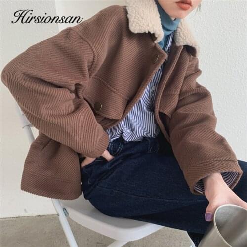 Hirsionsan Turn-down Collar Women Jackets 2020 Autumn Winter Soft Warm Outerwear Oversize Wool Blends Pockets Short Tops