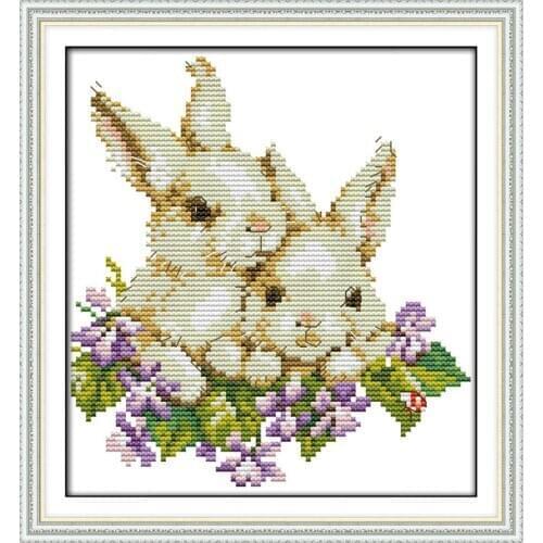 Two rabbits Cross Stitch Kits Cute Printed patterns canvas Embroidery Needlework set Fabric Easy Cross-stitch DMC DIY Home Decor