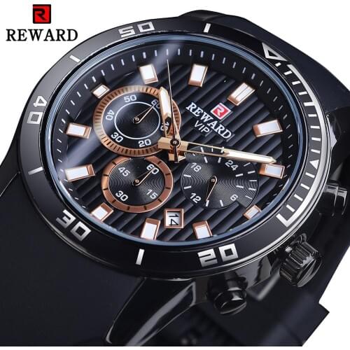 Reward New Fashion Chronograph Quartz Watch Black Waterproof Sport WristWatch Luminous Date Silicone Band Clock Montre Homme
