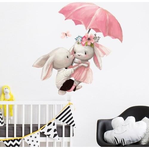 Couple Bunny Under Umbrella Wall Sticker Kids Room Home Decoration Wallpaper Living Room Bedroom Removable Mural Sticker