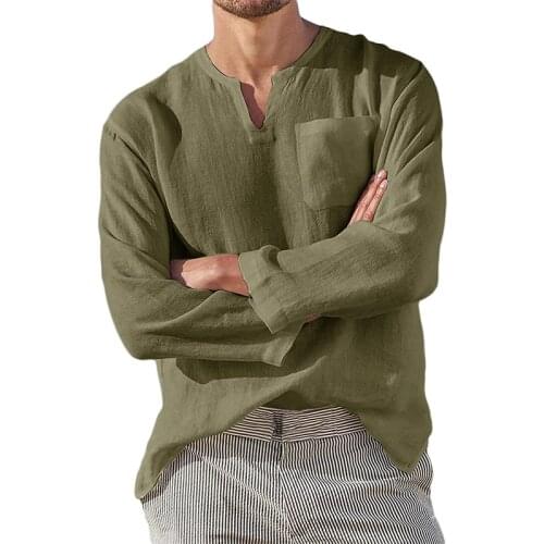2021 Spring Long Sleeve Loose Tops Fashion V-Neck Pullover Shirt Mens Clothes Summer Casual Men Solid Color Cotton Linen Shirts