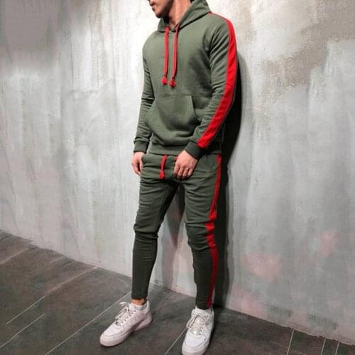2 Pieces Sets Tracksuit Men New Brand Autumn Winter Hooded Sweatshirt +Drawstring Pants Male Stripe Patchwork Hoodies
