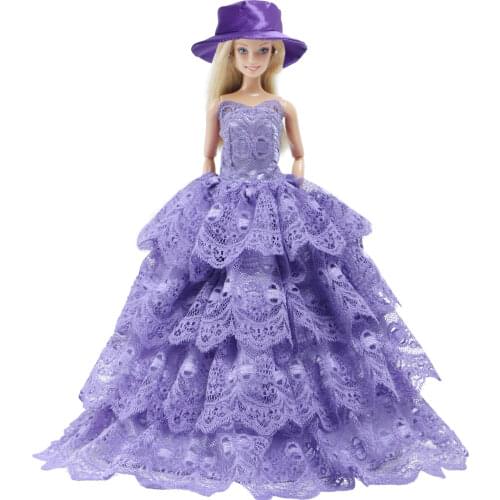 High Quality Doll Dress Wedding Party Bridal Princess Wear Ball Long Gown Skirt Lace Hat Clothes for Barbie Doll Accessories