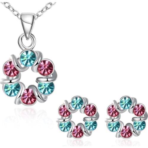 Garilina Jewelry Silver Color Red Blue CZ Pendant Earrings Party Trinket Jewelry Sets For Women S2033