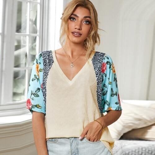 GypsyLady Floral Print Patchwork Blouse Shirt Spring Summer Boho Blouse Top Women Holida V-neck Knitted Sexy Vintage Blouse Top