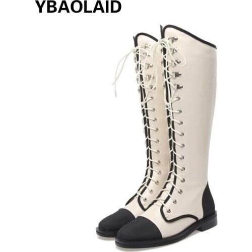 Round Toe Side Zipper High Boots Womens Autumn and Winter New Color Matching Cross-lace Casual Mid-heel Knee-length Boots