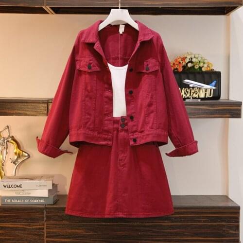 2021 New Large Size red Solid color Denim Jacket Coat + Mini Jean Skirt Outfits Fashion Women Suit Office Two Piece Set L-4XL