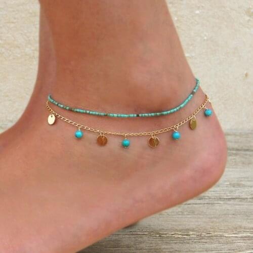 2pcs Blue Color Bead Summer Beach Anklets For Women Multi-layer Pendant Anklet Bohemian Bracelets On Leg BOHO Ocean Jewelry Gift