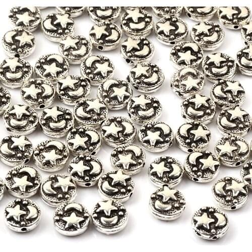 20pcs 9mm Tibetan Antique Metal Silver Stars and Moon Beads Loose Spacer Beads for Jewelry Making DIY Charms Bracelet