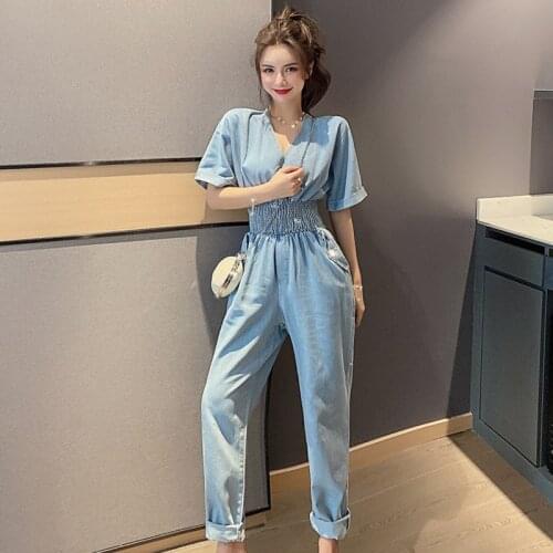 2020 New Summer Women Short Sleeve Jeans Denim Jumpsuit Casual Sexy V Neck Elastic Waist Rompers Street Fashion Overalls