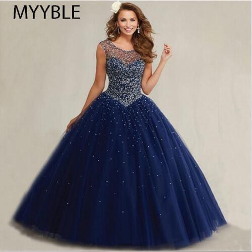 2021 N Plus Size Masquerade Ball Gowns Puffy Sweet 16 Navy Blue Quinceanera Dresses Pearls Sparkly Luxury Crystals Backless