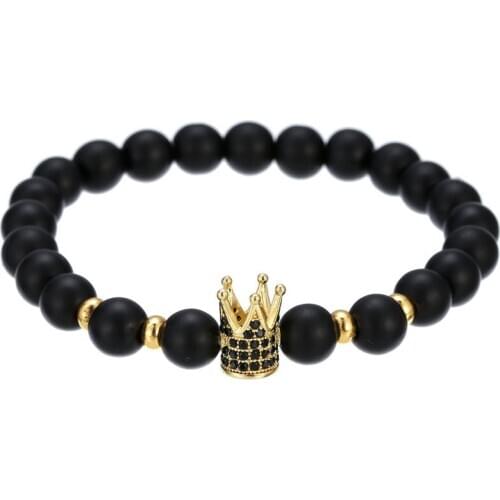 Matte onyx round beads connected charm crown paved crystal cz & copper slice bead bracelet handmade for unisex elegant jewelry