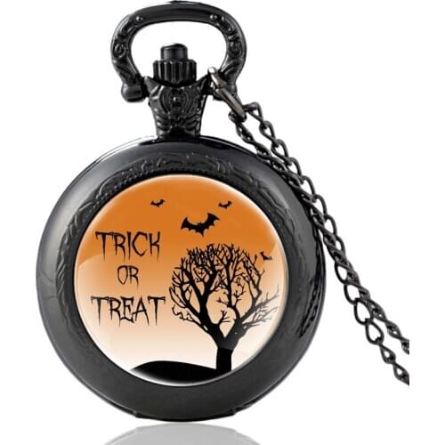 Charm Trick Or Treat Black Vintage Classic Quartz Pocket Watch Men Women Glass Dome Unique Pendant Necklace Hours Clock Gifts