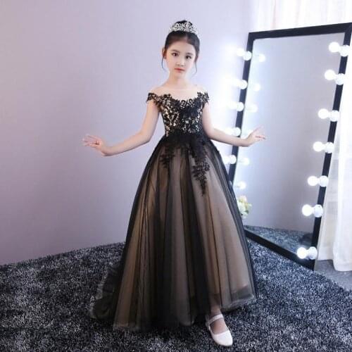 Girls Black Sexy Dresses Long Trailing Kids Pageant Dress Birthday Party Ball Gown Lace Up Princess Dress Modis vestidos Y1691