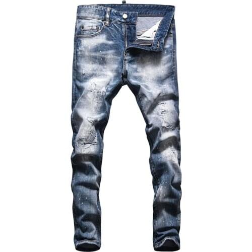 Italian Style Fashion Men Jeans Streetwear Retro Light Blue Slim Fit Ripped Jeans Men Brand Designer Distressed Denim Punk Pants