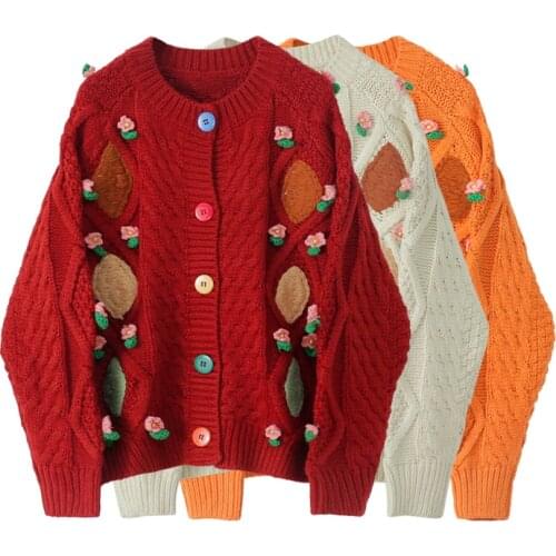 Jastie Retro Winter Womens Blouses 3 Colors Flower Twist O-Collar Long Sleeve Loose Knitted Cardigan Korean Style Sweaters