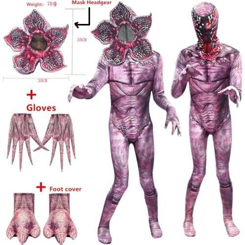 Hot Demogorgon Halloween Costume for Kids Stranger Things 3 Scary Fortress Cosplay Carnival Party Creepy Jumpsuits+Mask+gloves