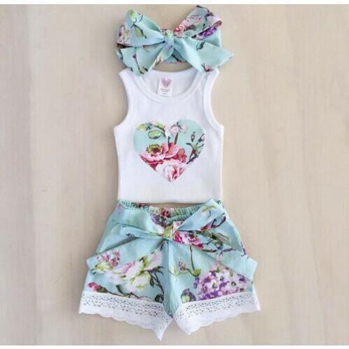 New 3Pcs Girls Summer Clothing Set Toddler Clothes Baby Floral Vest Tops +Lace Shorts Outfits Girl Flower Set