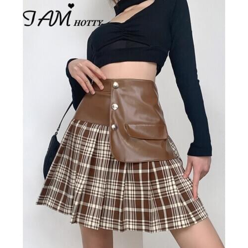 Korean Fashion Leather Patchwork Plaid Pleated Skirt Women High-waisted Pockets Brown Mini Botton-up y2k Harajuku 2021 Iamhotty